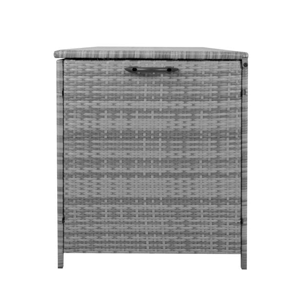 Grey rattan cushion storage box with a textured woven design, featuring a flat top and a handle for easy access, ideal for outdoor use