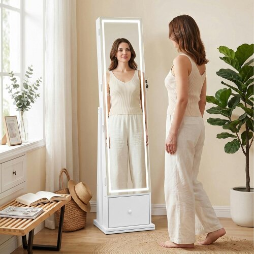 HOMCOM Swivel Jewelry Cabinet with LED Lights, Mirror with Storage, White