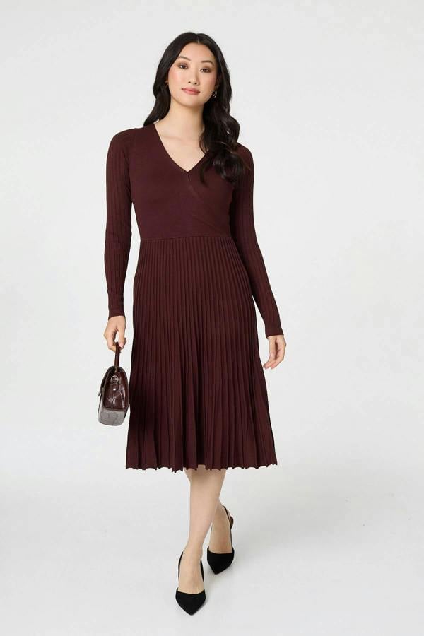 Brown | Pleated Knit Faux Wrap Midi Dress