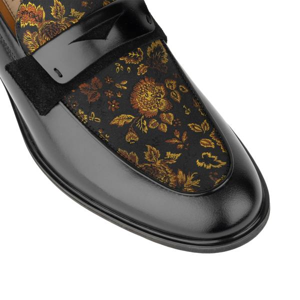 Embassy London Gosselin - Black & Yellow Flowers - Men's leather loafer with jaquard details