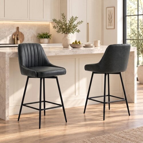 HOMCOM Vintage Bar Stools Set of 2, PU Leather, Footrest, Dark Grey