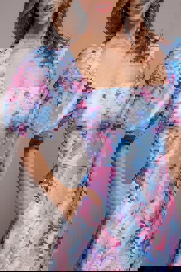 Printed Scuba Square Neck Puff Sleeve Midi Dress - Blue DR4650