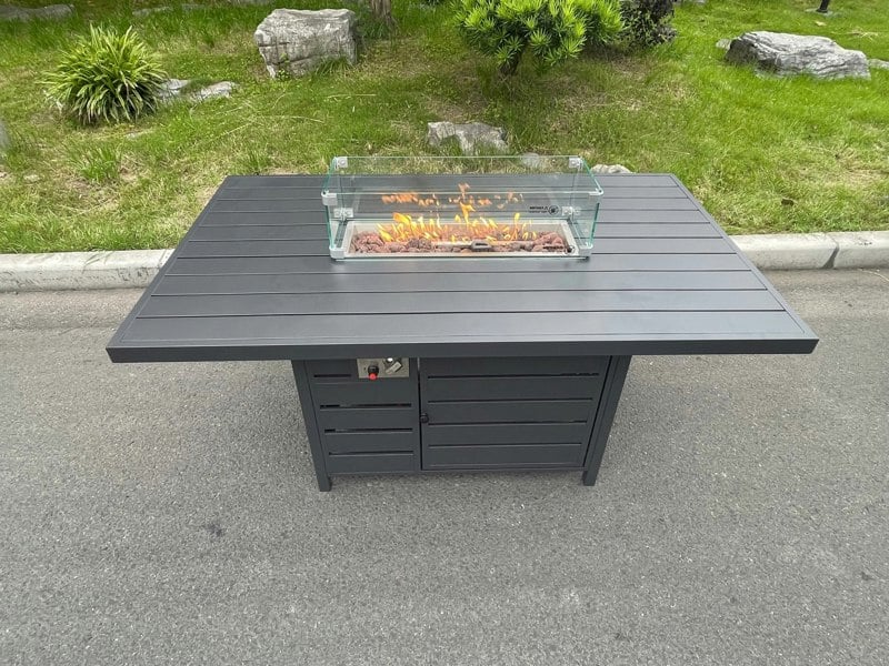 Fimous Aluminum Top 6 Seat Garden Furniture Dining Set Gas Fire Pit Table And Chairs Burner Heater Patio Outdoor Dark Grey