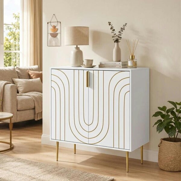 Modern Kitchen Cupboard, Storage Cabinet with 2 Doors, Adjustable Shelf and Metal Legs, White