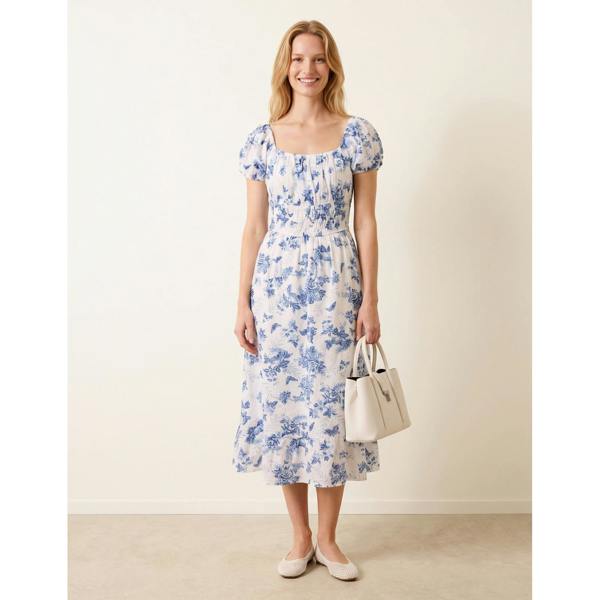 Blue Vanilla Off The Shoulder Puff Sleeve Shirred Print Dress