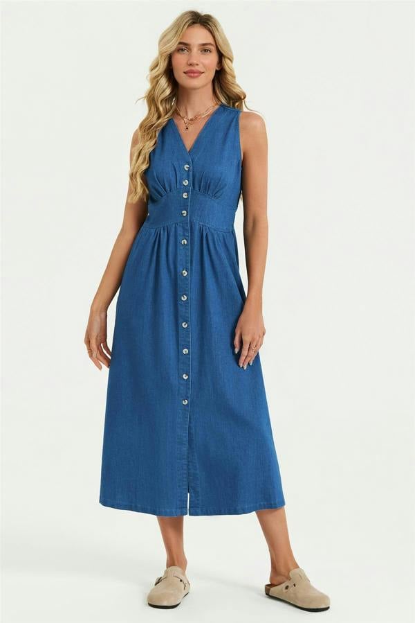 FS Collection Button Down Denim Midi Dress In Blue