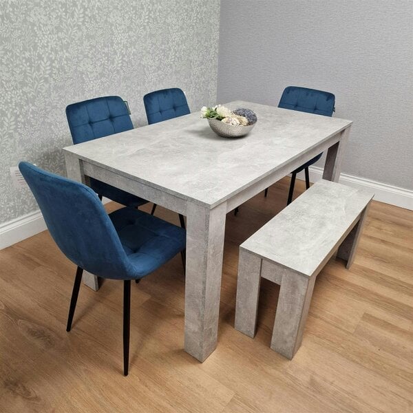 Kosy Koala Wooden Grey Dining Table Set with 4 Grey Velvet Chairs and 1 Grey Bench - Dining Room Furniture - Table + 4 blue chairs + stone grey benche - 140cm (L) x 80cm (W)