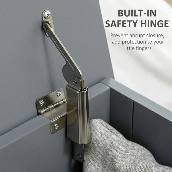 Grey toy chest lid with built-in safety hinge mechanism and rod hardware