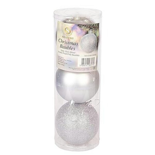 Shatchi Silver Shatterproof Christmas Baubles, Pack Size Options of 3 or 6, 10cm Tree Decorations