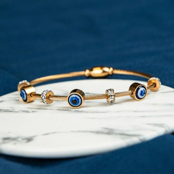 The Colourful Aura Blue Evil Eye Brass Gold Zircon Magnetic Bangle Bracelet