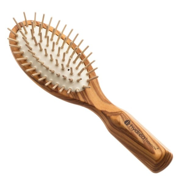 Hydréa London Premium Olive Wood Travel Hair Brush with No-Pull Cushion - Detangle & Anti-Static