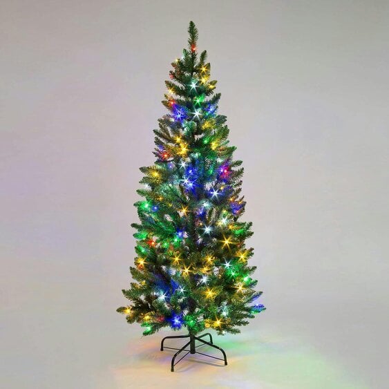 Shatchi 5ft, 6ft and 8ft Slim Green Pre-Lit Christmas Trees with Multicolour LEDs - PVC - Green