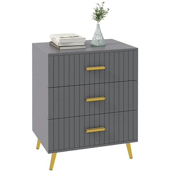 Dark grey three-drawer dresser with embossed vertical line pattern and gold-tone bar pulls