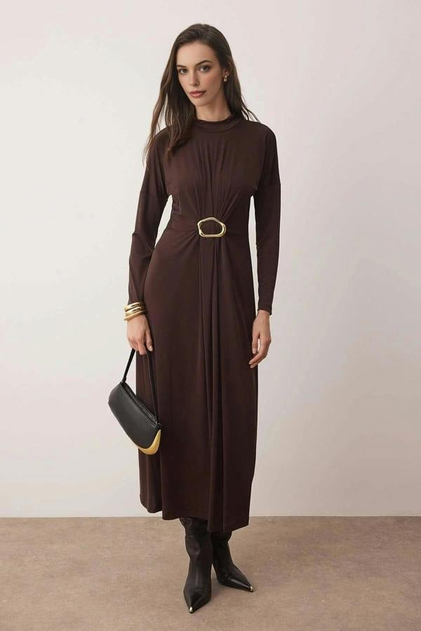 WOVCOR Knit Dress with Waist Buckle Detail