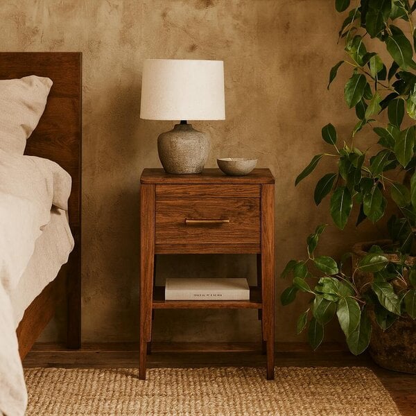 Wyld Haus Ouro Preto Walnut Wood Grain One Drawer Bedside Table