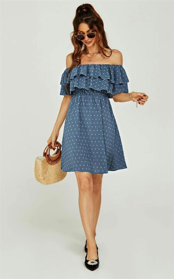 FS Collection Bardot Frill Mini Dress In Blue
