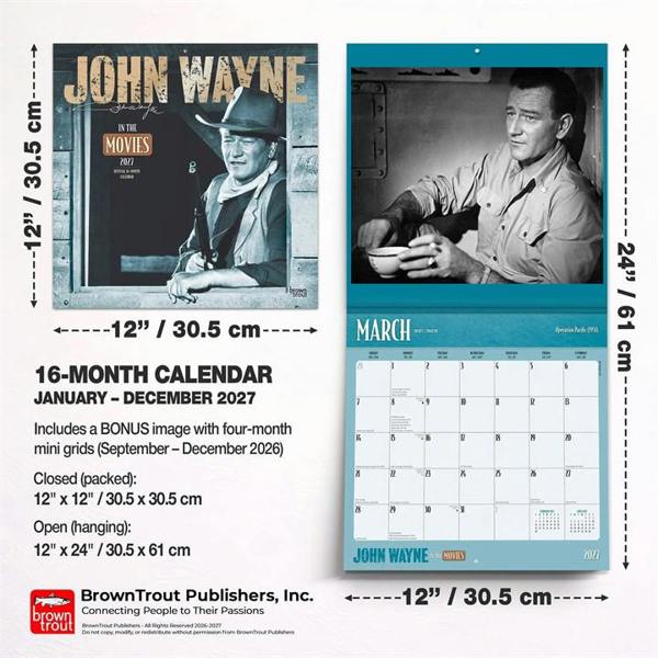 John Wayne, In The Movies Calendar 2027, Wall Calendars, Month To View, Entertainment, Gift