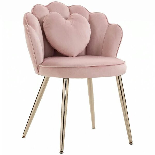 Accent Chair Velvet Upholstered Armchair Lotus Back Heart Pillow Lumbar Pillow Metal Legs Soft Pink