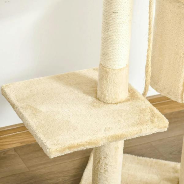 Beige plush-covered cat tree base platform with central sisal post for scratching