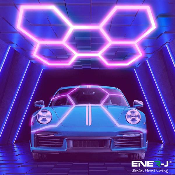 Ener-J 150W Hexagon RGB LED Garage Ceiling Light, 5 Hexagon Design, Remote Control, 24 T5 Tubes Showroom Kit
