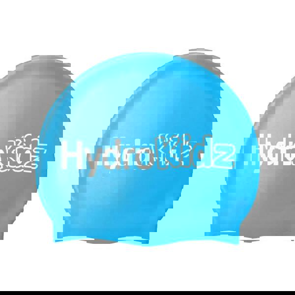 Blue HydroKidz swim cap with white logo, high quality silicone texture