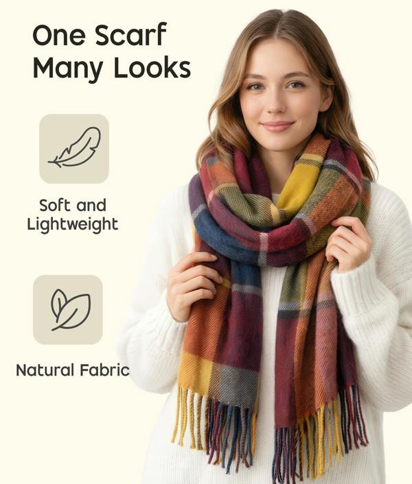 VIA MONTEN Women’s Vintage Plaid Scarf, Oversized Winter Scarf Wrap with Fringe, Soft Long Shawl for Cold Weather Styling
