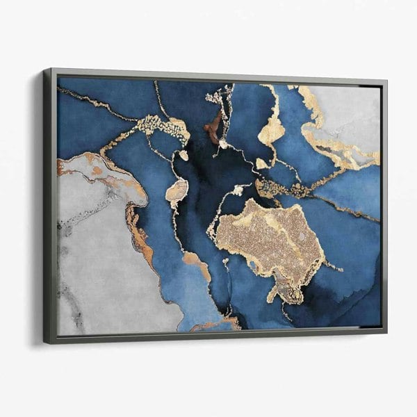 Artze Wall Art Abstract Navy Blue, Grey and Gold Canvas Art Print