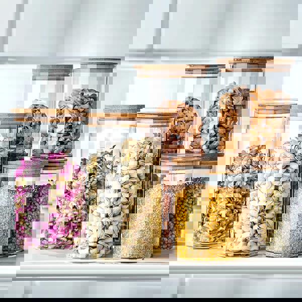 Living and Home 10pcs Glass Storage Jar Set with Bamboo Lids & Measuring Spoon