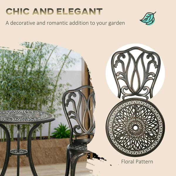 Bronze-tone ornate chair with floral-style filigree back for bistro set
