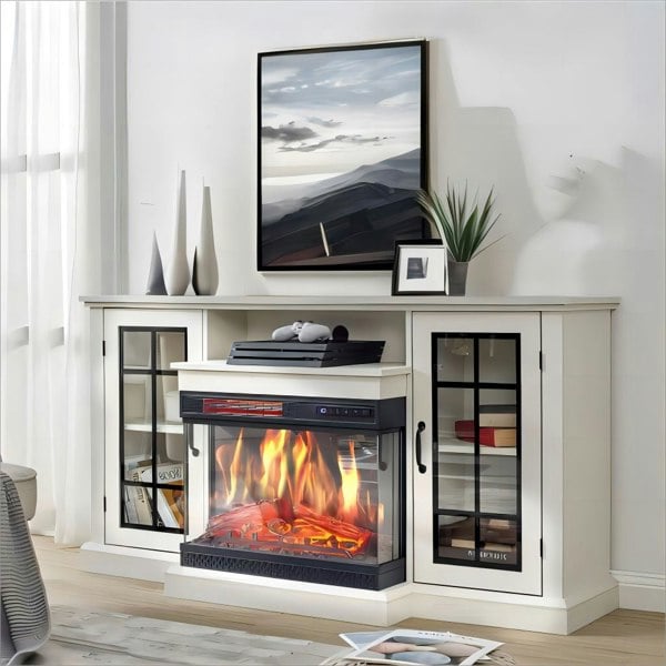 Smallbee 3-Sided Fireplace TV Stand Wood With Glass Door Storage Smallbee UK
