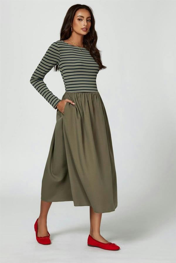 FS Collection Long Sleeve Stripe Midi Dress In Olive