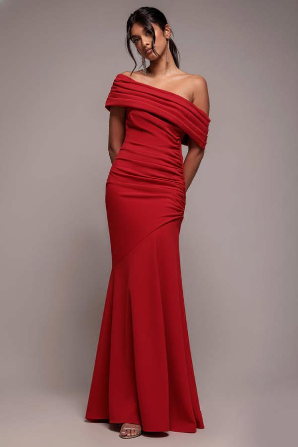 Pleated One Shoulder Bardot Fit And Flare Maxi Dress - Red DR4909