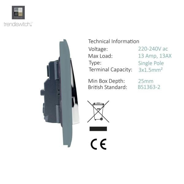 Trendi Switch 1 Gang 13 Amp Switched Plug Socket in Cool Grey