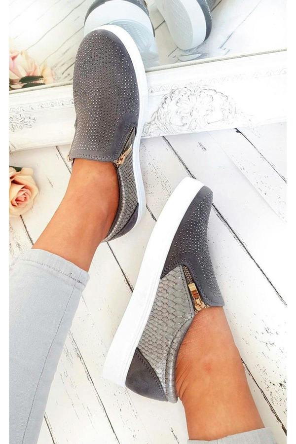 Leah Crystal Suede Zip Pumps Trainers - Grey