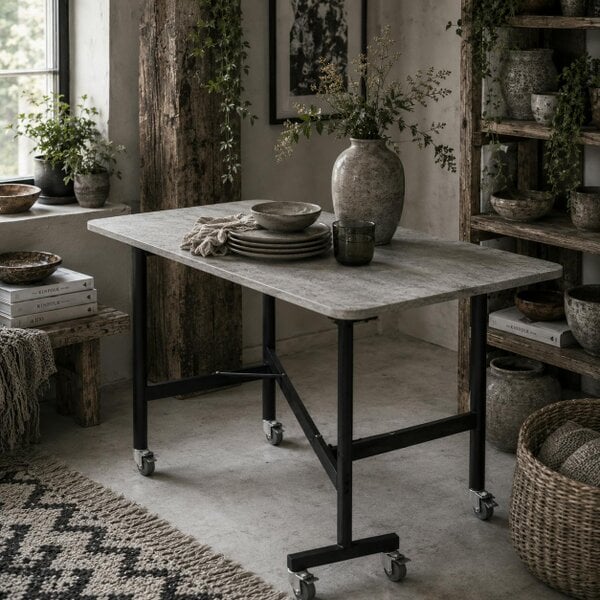 Wyld Haus Ritodo Wooden Grey Marble Effect Mobile Drop Leaf Dining Table With Locking Castors