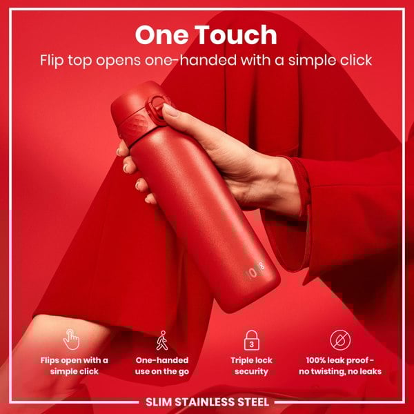 A red, slim stainless steel water bottle is being held; its flip top opens one-handed with a simple click. The bottle is showcased against a red background. Features include a triple lock security and 100% leak proof design.