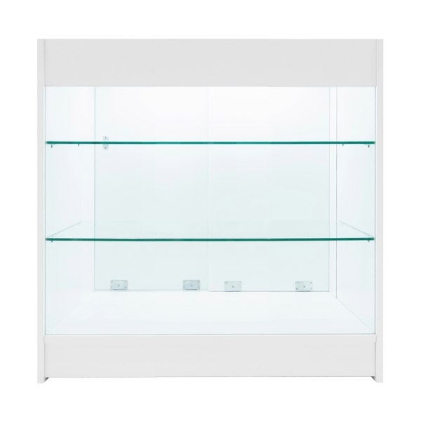 LED Retail Shop Counter K900 in white featuring sleek design, glass shelves, and bright LED lighting for showcasing products