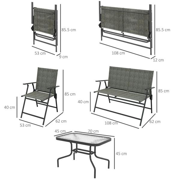 Four-piece sofa set with two chairs, loveseat, and square table—dimension diagram