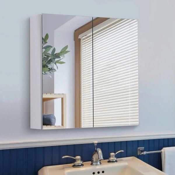 Stainless steel wall mirror cabinet with two mirrored doors and slim frame