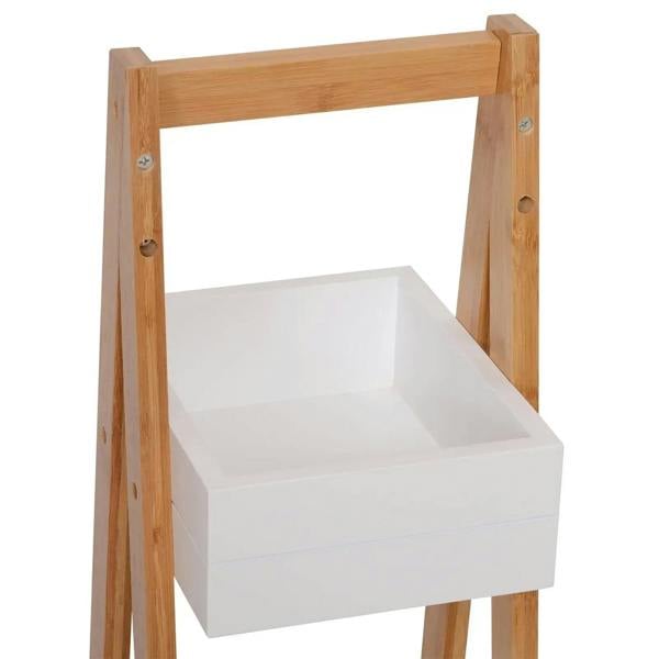 Single top shelf detail on 3-tier shower caddy with white bin and bamboo frame