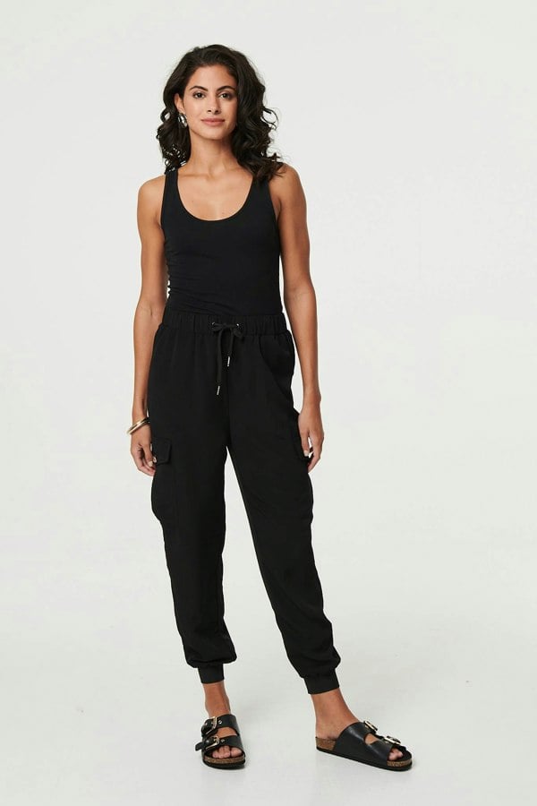 Black | Drawstring High Waist Cargo Trousers : Model is 5'8"/172 cm and wears UK8/EU36/US4/AUS8
