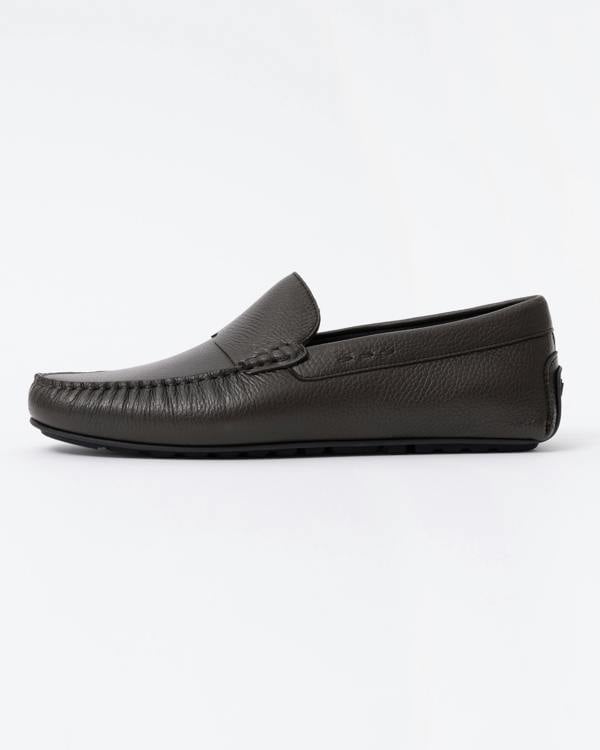 BOSS Orange Noel Mens Tumbled - Leather Loafers with Driver Sole - Dark Brown 201 | CHO | Designer Mens Shoes