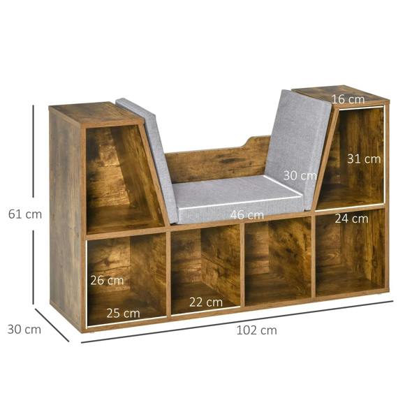 Two-sided cube storage bench with gray upholstered seat and backrest supports, rustic brown
