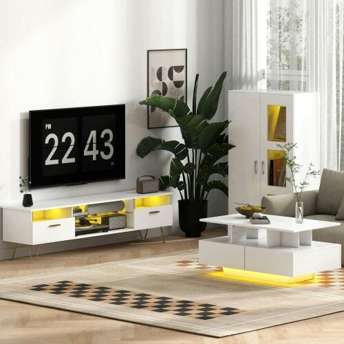 Bobobiy High Gloss Sideboard, Display Cabinet with 16-Colour RGB LED Lights and Remote Control, White