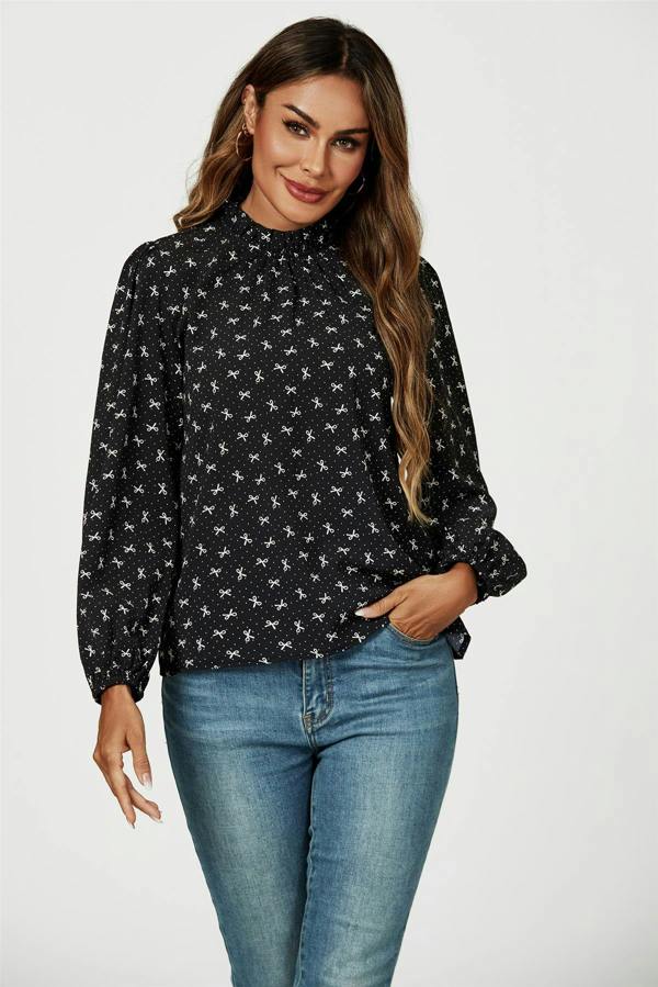 FS Collection Bow Print Frill Detail High Neck Top In Black