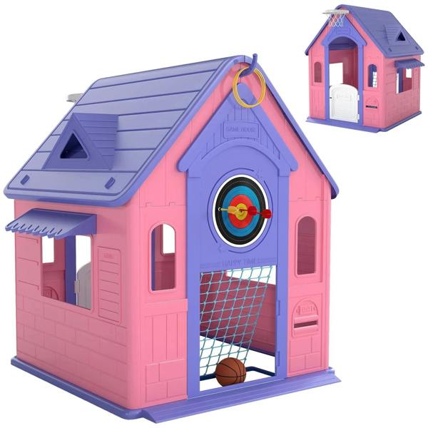 Kids outdoor playhouse toy in pink with purple roof, basketball hoop and ball net opening