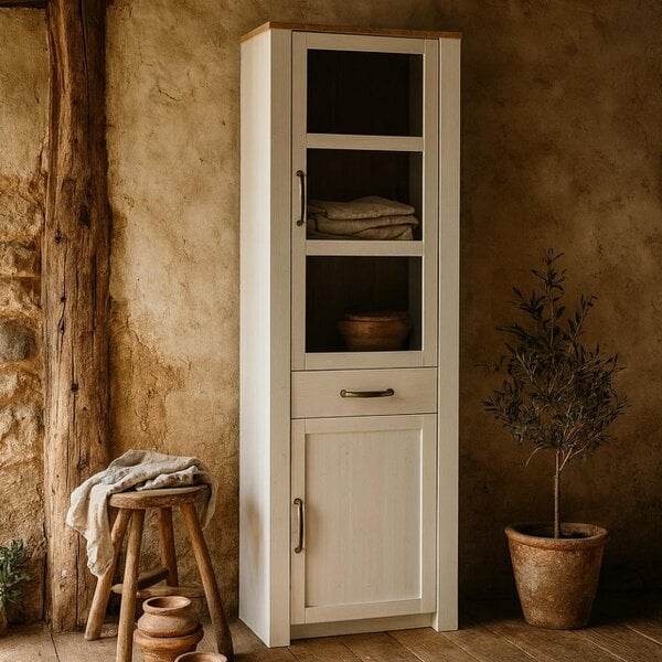 Wyld Haus Bramblecroft White and Natural Oak Wood Narrow Display Cabinet 2 Doors 1 Drawer