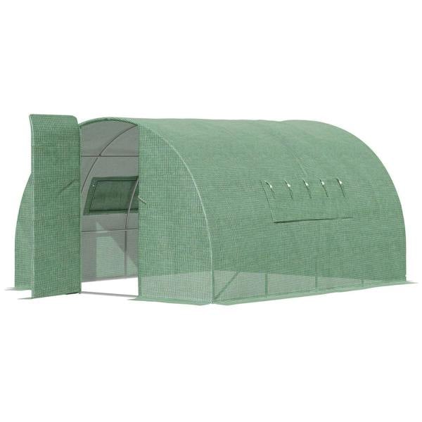 Green walk-in greenhouse tunnel with arched PE cover and front door opening
