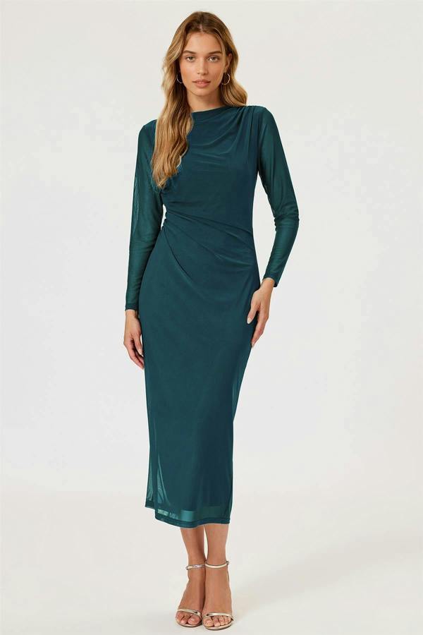 FS Collection Long Sleeves Mesh Midi Dress In Teal