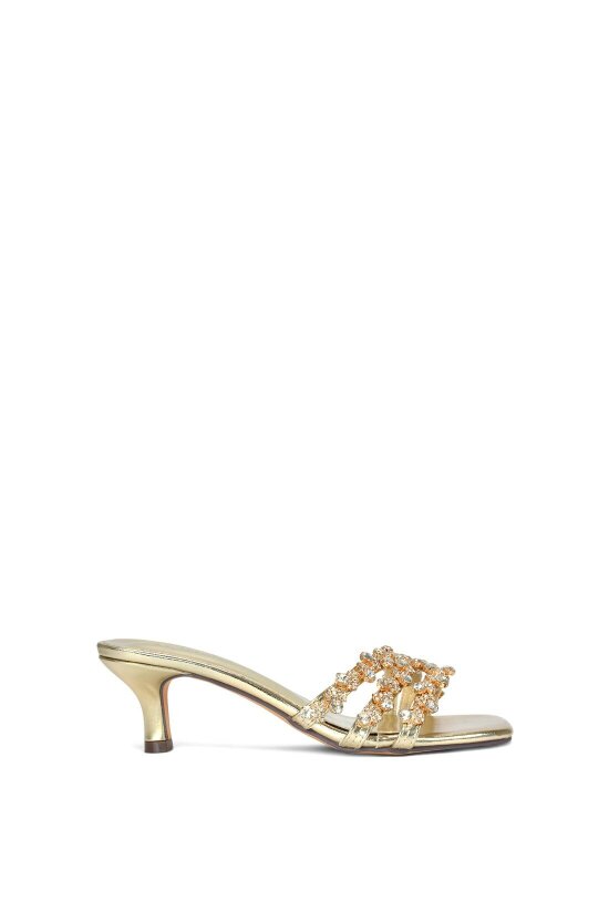 XY LONDON Mid Stiletto Heel Diamante Strappy Heeled Mules - Gold